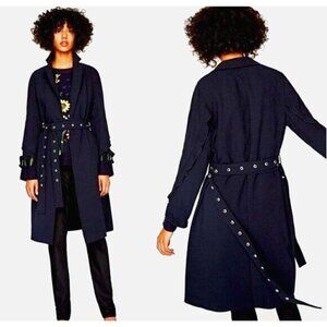 Zara Navy Blue Ruffled Sleeve Belted Wrap Midi Trench Coat Duster